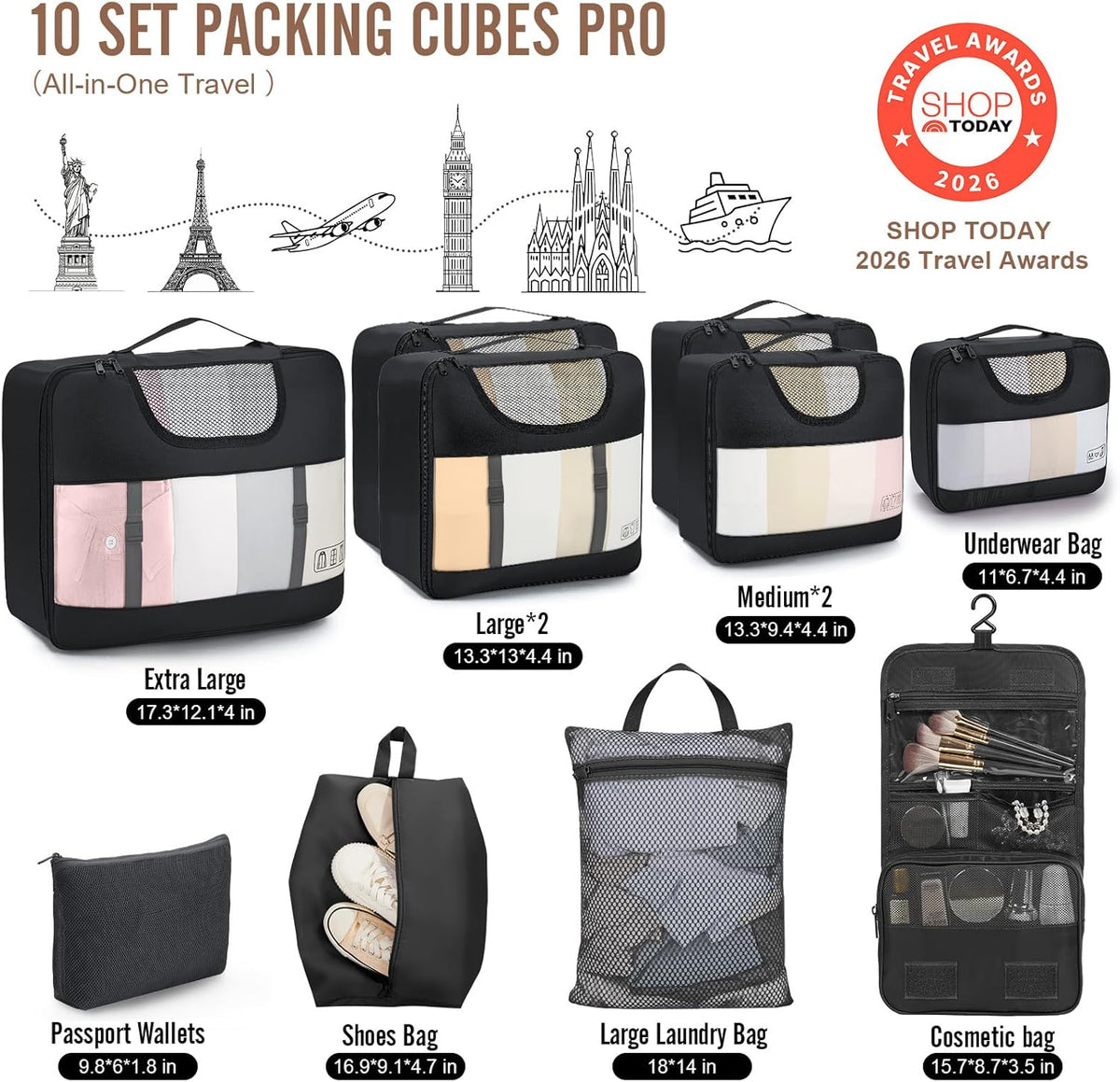 10 Set Packing Cubes for Travel Essentials,Anti-Wrinkle Buckled Suitcase Organizer for Shoe & Toiletry Bag,Carry On Luggage Bag with 99+ Count Mesh Holes for Airplane & College Dorm Accessories