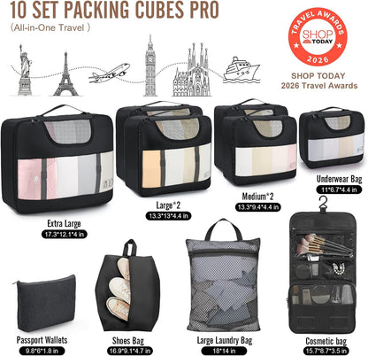 10 Set Packing Cubes for Travel Essentials,Anti-Wrinkle Buckled Suitcase Organizer for Shoe & Toiletry Bag,Carry On Luggage Bag with 99+ Count Mesh Holes for Airplane & College Dorm Accessories