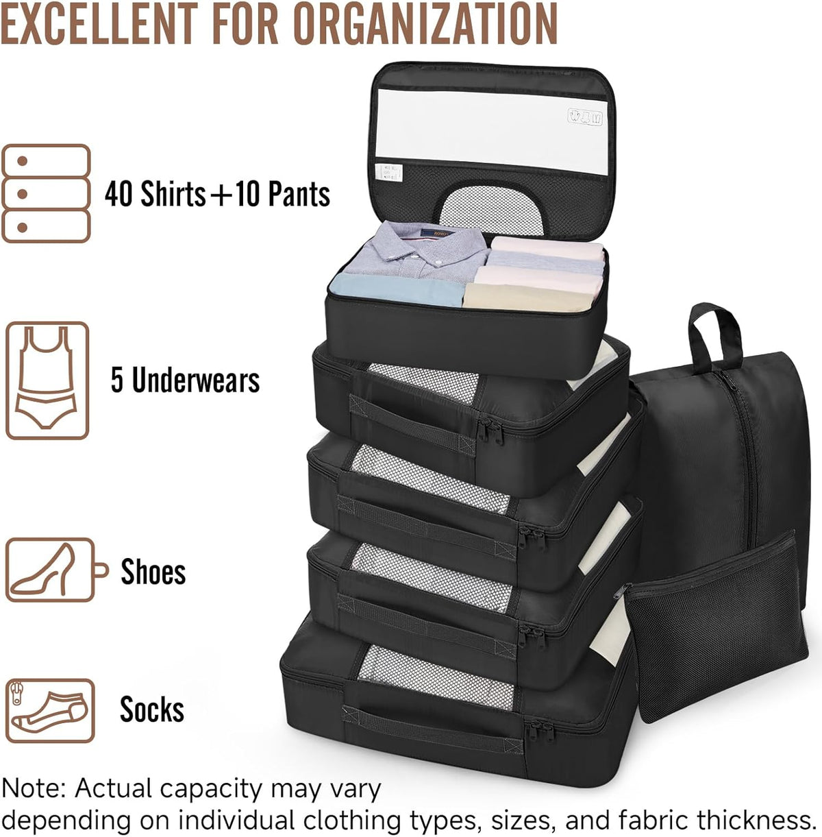 10 Set Packing Cubes for Travel Essentials,Anti-Wrinkle Buckled Suitcase Organizer for Shoe & Toiletry Bag,Carry On Luggage Bag with 99+ Count Mesh Holes for Airplane & College Dorm Accessories