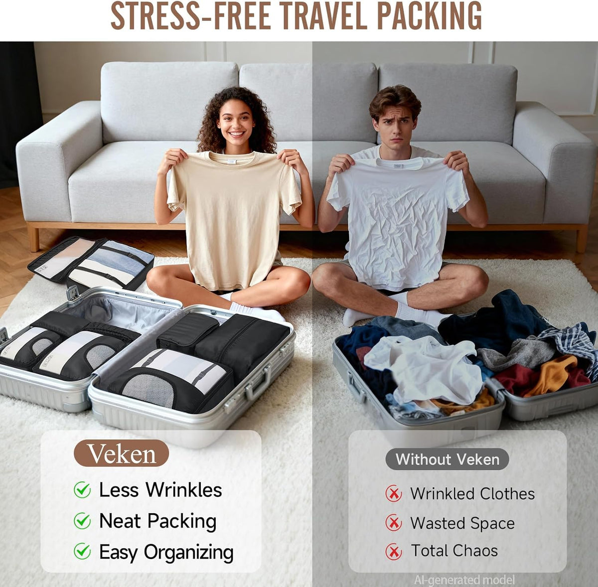 10 Set Packing Cubes for Travel Essentials,Anti-Wrinkle Buckled Suitcase Organizer for Shoe & Toiletry Bag,Carry On Luggage Bag with 99+ Count Mesh Holes for Airplane & College Dorm Accessories