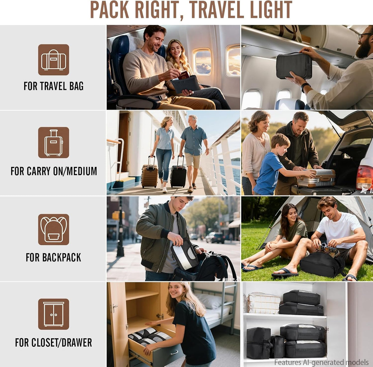 10 Set Packing Cubes for Travel Essentials,Anti-Wrinkle Buckled Suitcase Organizer for Shoe & Toiletry Bag,Carry On Luggage Bag with 99+ Count Mesh Holes for Airplane & College Dorm Accessories
