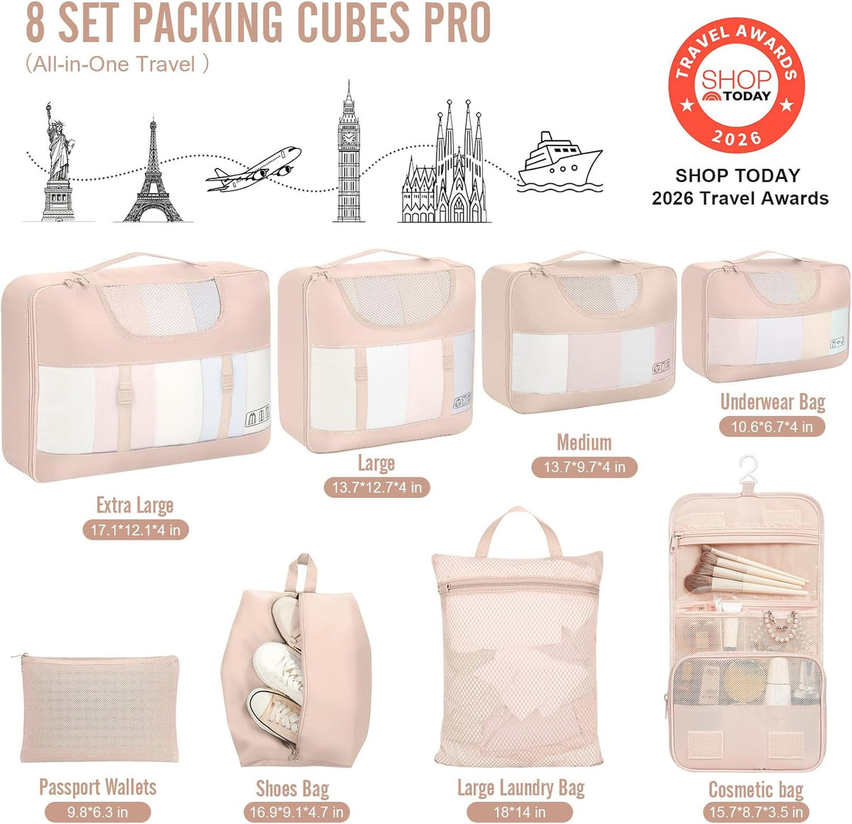 10 Set Packing Cubes for Travel Essentials,Anti-Wrinkle Buckled Suitcase Organizer for Shoe & Toiletry Bag,Carry On Luggage Bag with 99+ Count Mesh Holes for Airplane & College Dorm Accessories