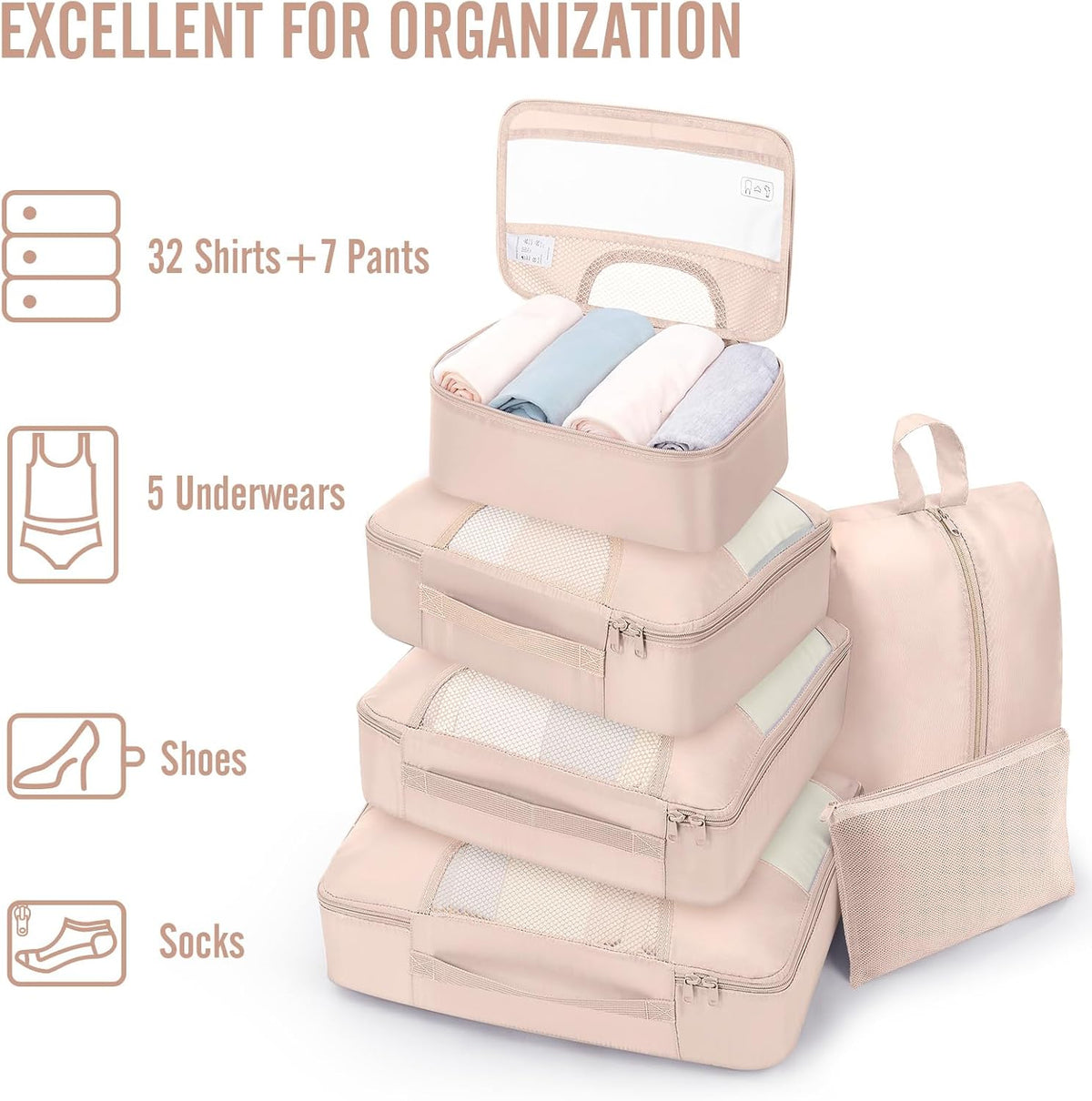 10 Set Packing Cubes for Travel Essentials,Anti-Wrinkle Buckled Suitcase Organizer for Shoe & Toiletry Bag,Carry On Luggage Bag with 99+ Count Mesh Holes for Airplane & College Dorm Accessories
