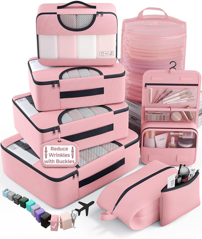 10 Set Packing Cubes for Travel Essentials,Anti-Wrinkle Buckled Suitcase Organizer for Shoe & Toiletry Bag,Carry On Luggage Bag with 99+ Count Mesh Holes for Airplane & College Dorm Accessories