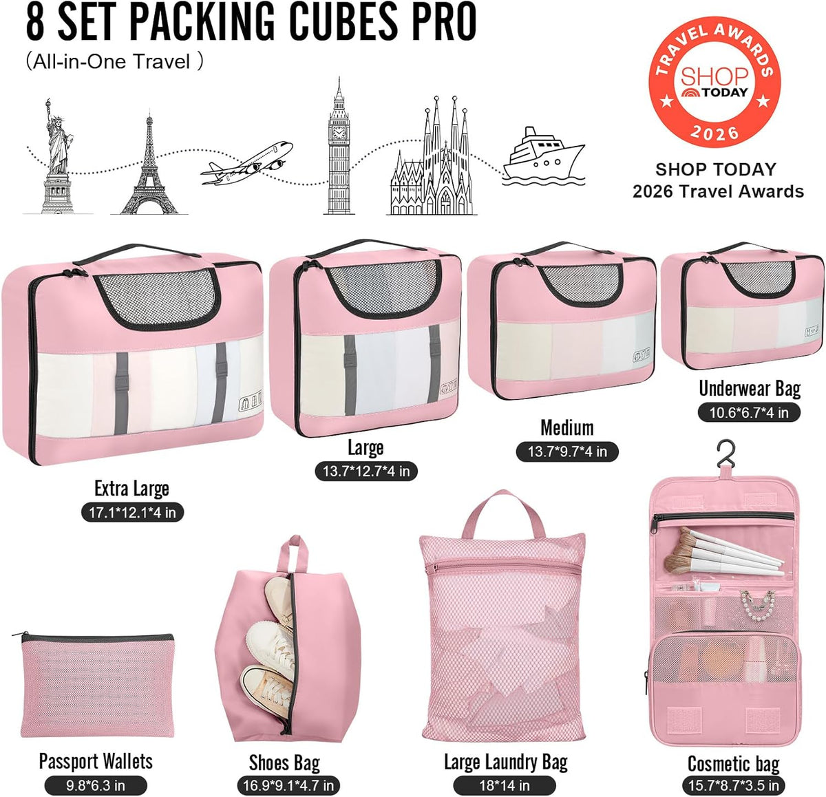 10 Set Packing Cubes for Travel Essentials,Anti-Wrinkle Buckled Suitcase Organizer for Shoe & Toiletry Bag,Carry On Luggage Bag with 99+ Count Mesh Holes for Airplane & College Dorm Accessories
