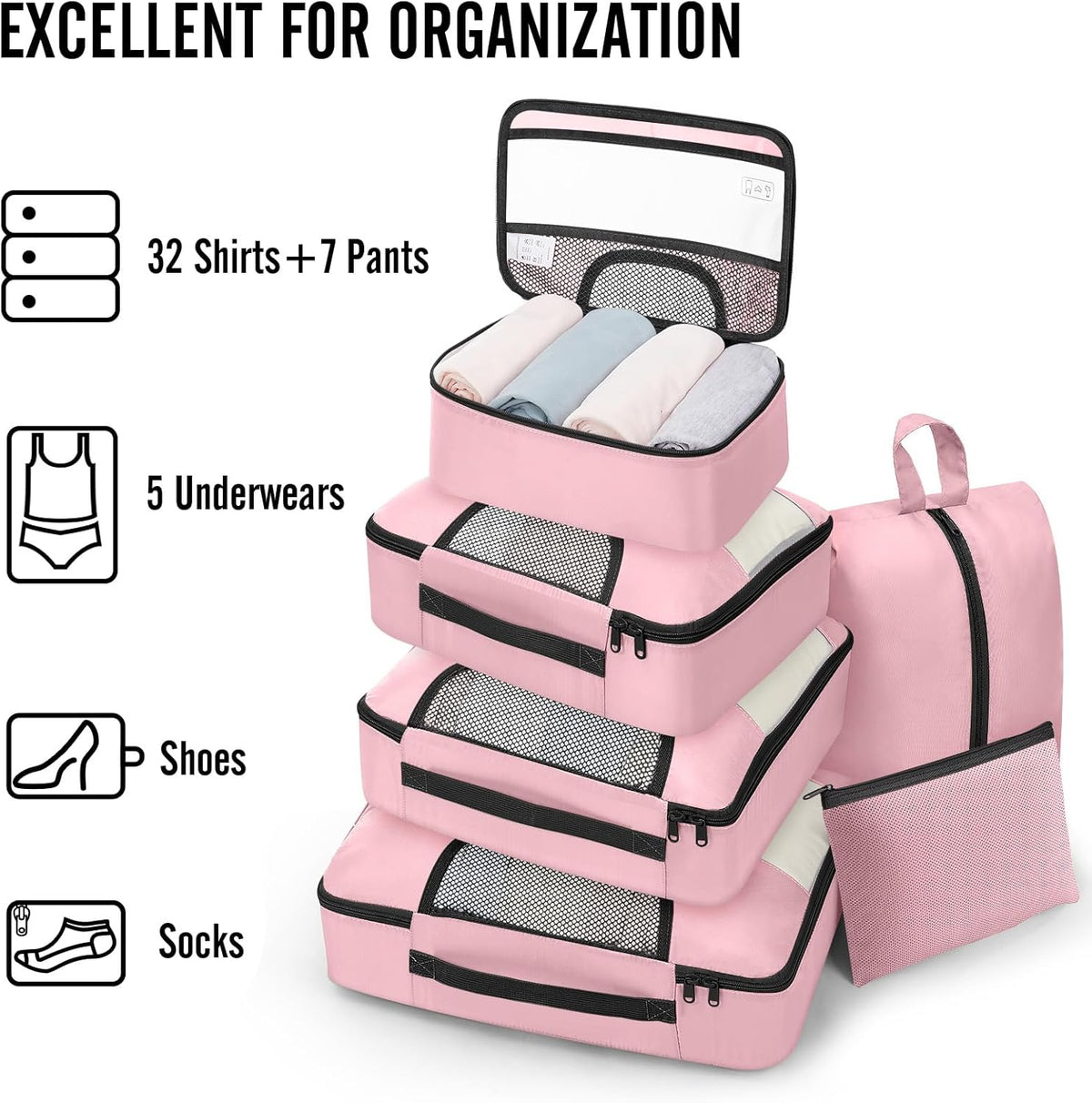 10 Set Packing Cubes for Travel Essentials,Anti-Wrinkle Buckled Suitcase Organizer for Shoe & Toiletry Bag,Carry On Luggage Bag with 99+ Count Mesh Holes for Airplane & College Dorm Accessories