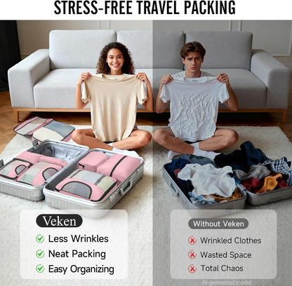 10 Set Packing Cubes for Travel Essentials,Anti-Wrinkle Buckled Suitcase Organizer for Shoe & Toiletry Bag,Carry On Luggage Bag with 99+ Count Mesh Holes for Airplane & College Dorm Accessories