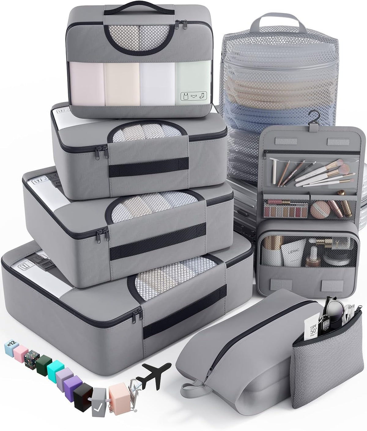 10 Set Packing Cubes for Travel Essentials,Anti-Wrinkle Buckled Suitcase Organizer for Shoe & Toiletry Bag,Carry On Luggage Bag with 99+ Count Mesh Holes for Airplane & College Dorm Accessories