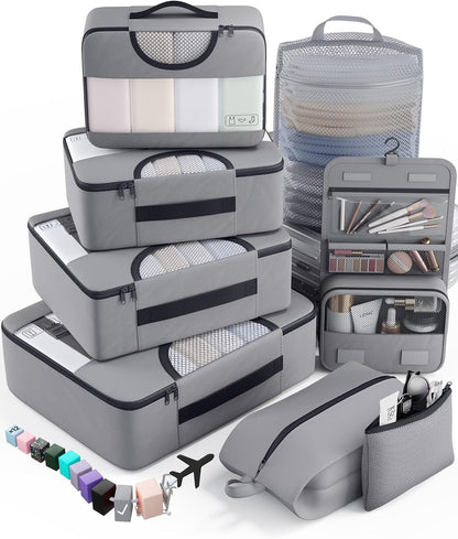 10 Set Packing Cubes for Travel Essentials,Anti-Wrinkle Buckled Suitcase Organizer for Shoe & Toiletry Bag,Carry On Luggage Bag with 99+ Count Mesh Holes for Airplane & College Dorm Accessories
