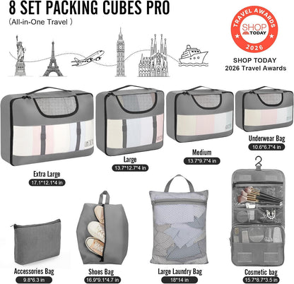 10 Set Packing Cubes for Travel Essentials,Anti-Wrinkle Buckled Suitcase Organizer for Shoe & Toiletry Bag,Carry On Luggage Bag with 99+ Count Mesh Holes for Airplane & College Dorm Accessories