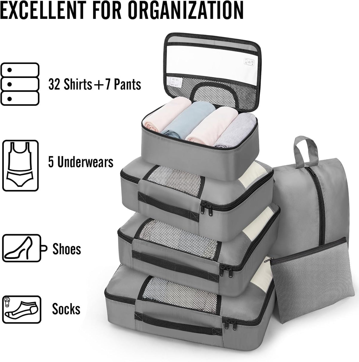 10 Set Packing Cubes for Travel Essentials,Anti-Wrinkle Buckled Suitcase Organizer for Shoe & Toiletry Bag,Carry On Luggage Bag with 99+ Count Mesh Holes for Airplane & College Dorm Accessories
