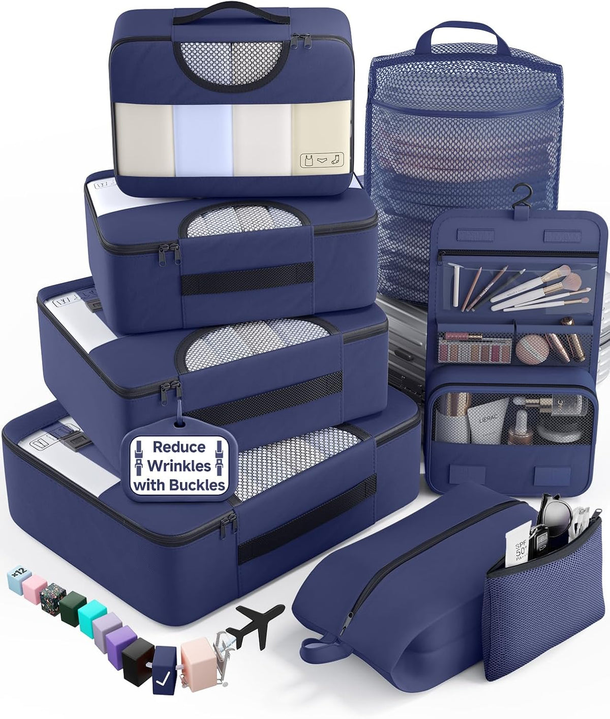 10 Set Packing Cubes for Travel Essentials,Anti-Wrinkle Buckled Suitcase Organizer for Shoe & Toiletry Bag,Carry On Luggage Bag with 99+ Count Mesh Holes for Airplane & College Dorm Accessories