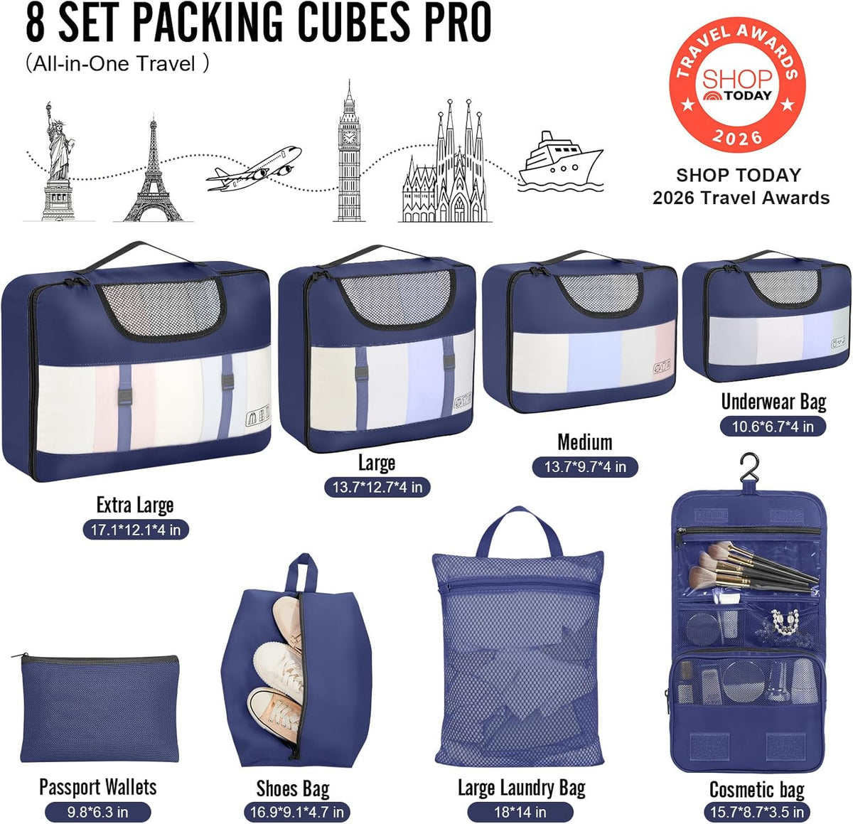10 Set Packing Cubes for Travel Essentials,Anti-Wrinkle Buckled Suitcase Organizer for Shoe & Toiletry Bag,Carry On Luggage Bag with 99+ Count Mesh Holes for Airplane & College Dorm Accessories