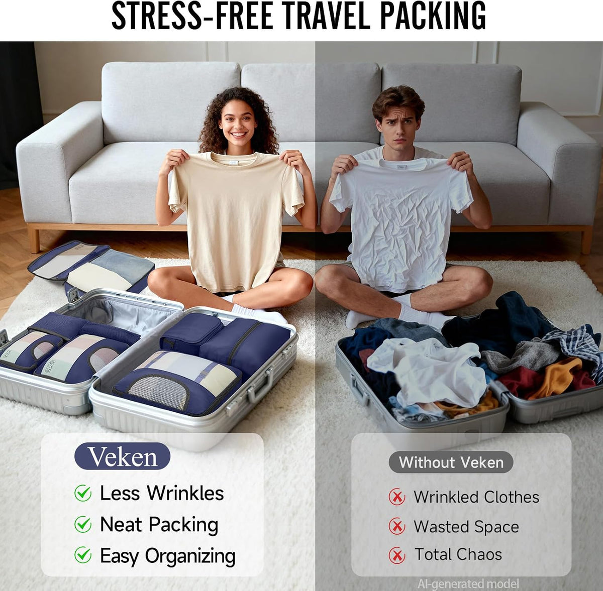 10 Set Packing Cubes for Travel Essentials,Anti-Wrinkle Buckled Suitcase Organizer for Shoe & Toiletry Bag,Carry On Luggage Bag with 99+ Count Mesh Holes for Airplane & College Dorm Accessories