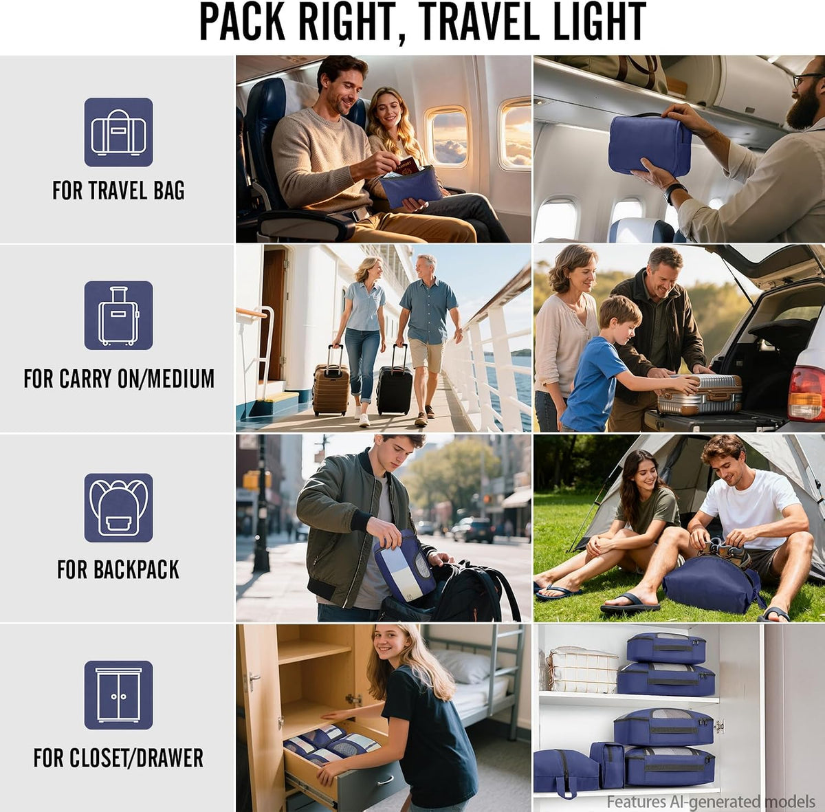 10 Set Packing Cubes for Travel Essentials,Anti-Wrinkle Buckled Suitcase Organizer for Shoe & Toiletry Bag,Carry On Luggage Bag with 99+ Count Mesh Holes for Airplane & College Dorm Accessories