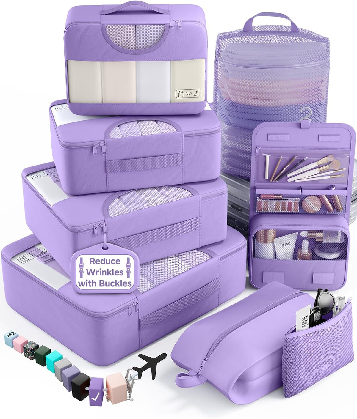 10 Set Packing Cubes for Travel Essentials,Anti-Wrinkle Buckled Suitcase Organizer for Shoe & Toiletry Bag,Carry On Luggage Bag with 99+ Count Mesh Holes for Airplane & College Dorm Accessories