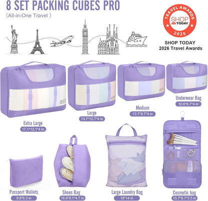 10 Set Packing Cubes for Travel Essentials,Anti-Wrinkle Buckled Suitcase Organizer for Shoe & Toiletry Bag,Carry On Luggage Bag with 99+ Count Mesh Holes for Airplane & College Dorm Accessories