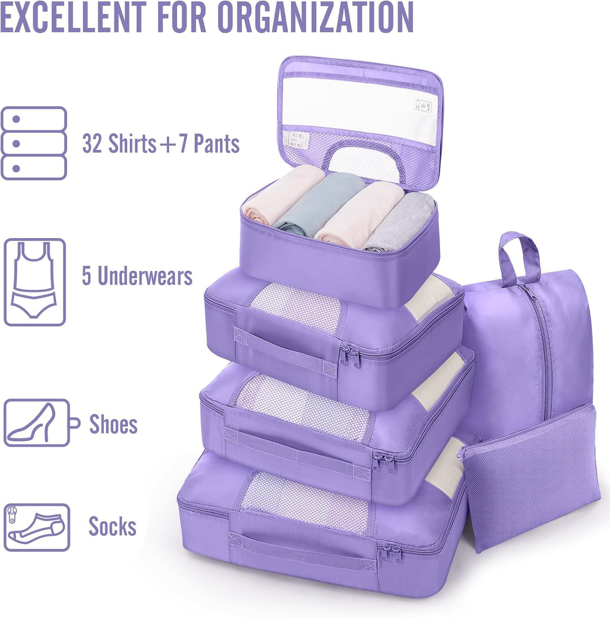 10 Set Packing Cubes for Travel Essentials,Anti-Wrinkle Buckled Suitcase Organizer for Shoe & Toiletry Bag,Carry On Luggage Bag with 99+ Count Mesh Holes for Airplane & College Dorm Accessories