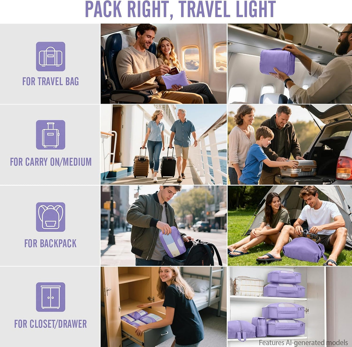 10 Set Packing Cubes for Travel Essentials,Anti-Wrinkle Buckled Suitcase Organizer for Shoe & Toiletry Bag,Carry On Luggage Bag with 99+ Count Mesh Holes for Airplane & College Dorm Accessories