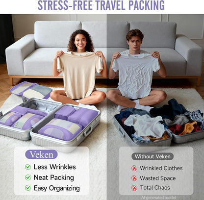 10 Set Packing Cubes for Travel Essentials,Anti-Wrinkle Buckled Suitcase Organizer for Shoe & Toiletry Bag,Carry On Luggage Bag with 99+ Count Mesh Holes for Airplane & College Dorm Accessories