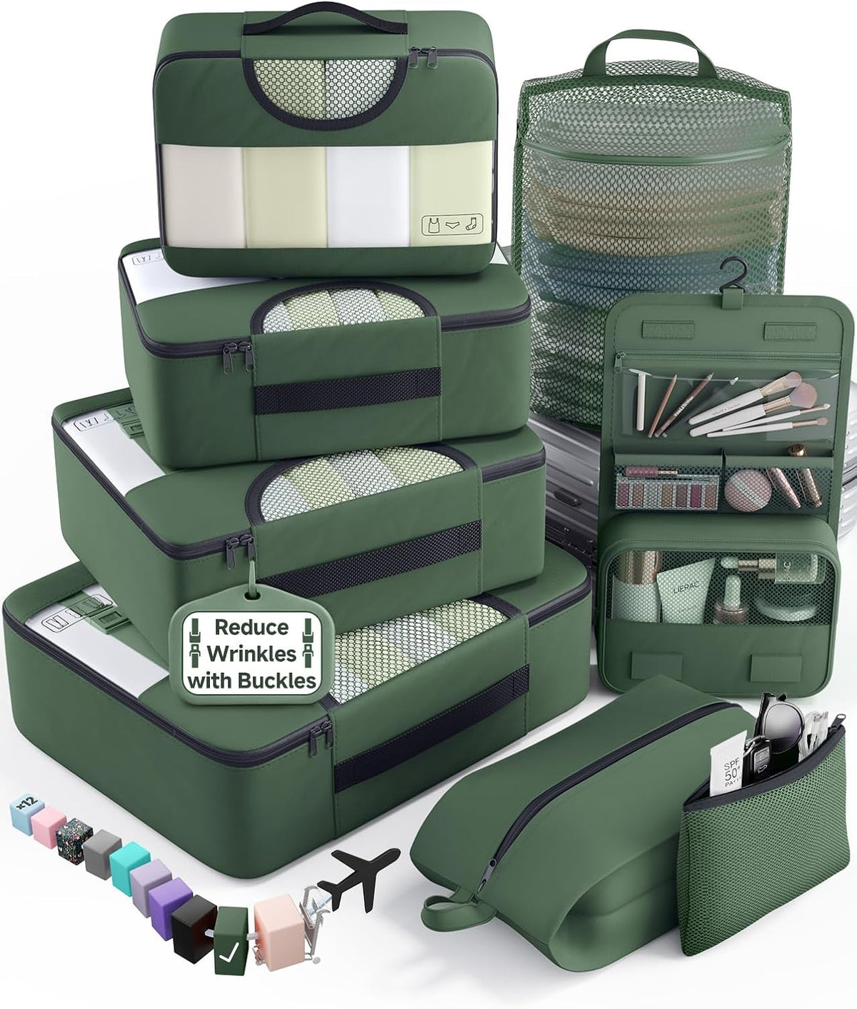 10 Set Packing Cubes for Travel Essentials,Anti-Wrinkle Buckled Suitcase Organizer for Shoe & Toiletry Bag,Carry On Luggage Bag with 99+ Count Mesh Holes for Airplane & College Dorm Accessories