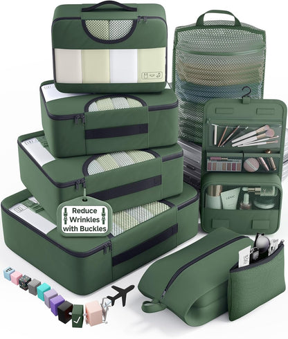 10 Set Packing Cubes for Travel Essentials,Anti-Wrinkle Buckled Suitcase Organizer for Shoe & Toiletry Bag,Carry On Luggage Bag with 99+ Count Mesh Holes for Airplane & College Dorm Accessories
