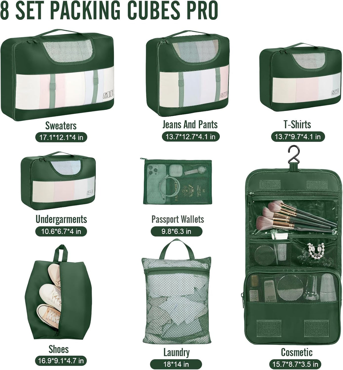 10 Set Packing Cubes for Travel Essentials,Anti-Wrinkle Buckled Suitcase Organizer for Shoe & Toiletry Bag,Carry On Luggage Bag with 99+ Count Mesh Holes for Airplane & College Dorm Accessories