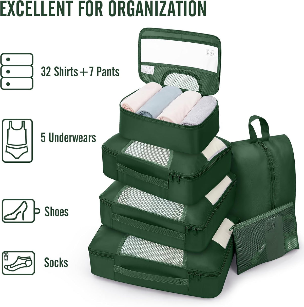 10 Set Packing Cubes for Travel Essentials,Anti-Wrinkle Buckled Suitcase Organizer for Shoe & Toiletry Bag,Carry On Luggage Bag with 99+ Count Mesh Holes for Airplane & College Dorm Accessories