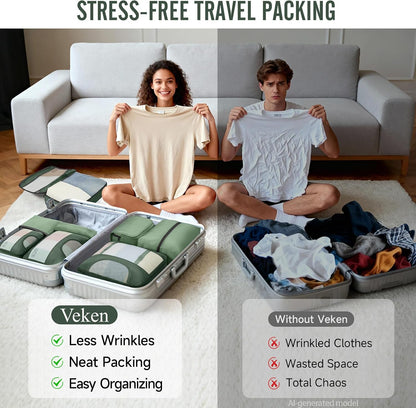 10 Set Packing Cubes for Travel Essentials,Anti-Wrinkle Buckled Suitcase Organizer for Shoe & Toiletry Bag,Carry On Luggage Bag with 99+ Count Mesh Holes for Airplane & College Dorm Accessories