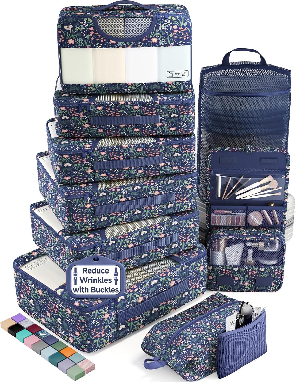 10 Set Packing Cubes for Travel Essentials,Anti-Wrinkle Buckled Suitcase Organizer for Shoe & Toiletry Bag,Carry On Luggage Bag with 99+ Count Mesh Holes for Airplane & College Dorm Accessories