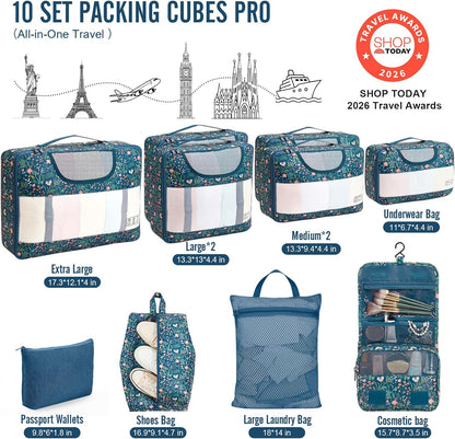 10 Set Packing Cubes for Travel Essentials,Anti-Wrinkle Buckled Suitcase Organizer for Shoe & Toiletry Bag,Carry On Luggage Bag with 99+ Count Mesh Holes for Airplane & College Dorm Accessories