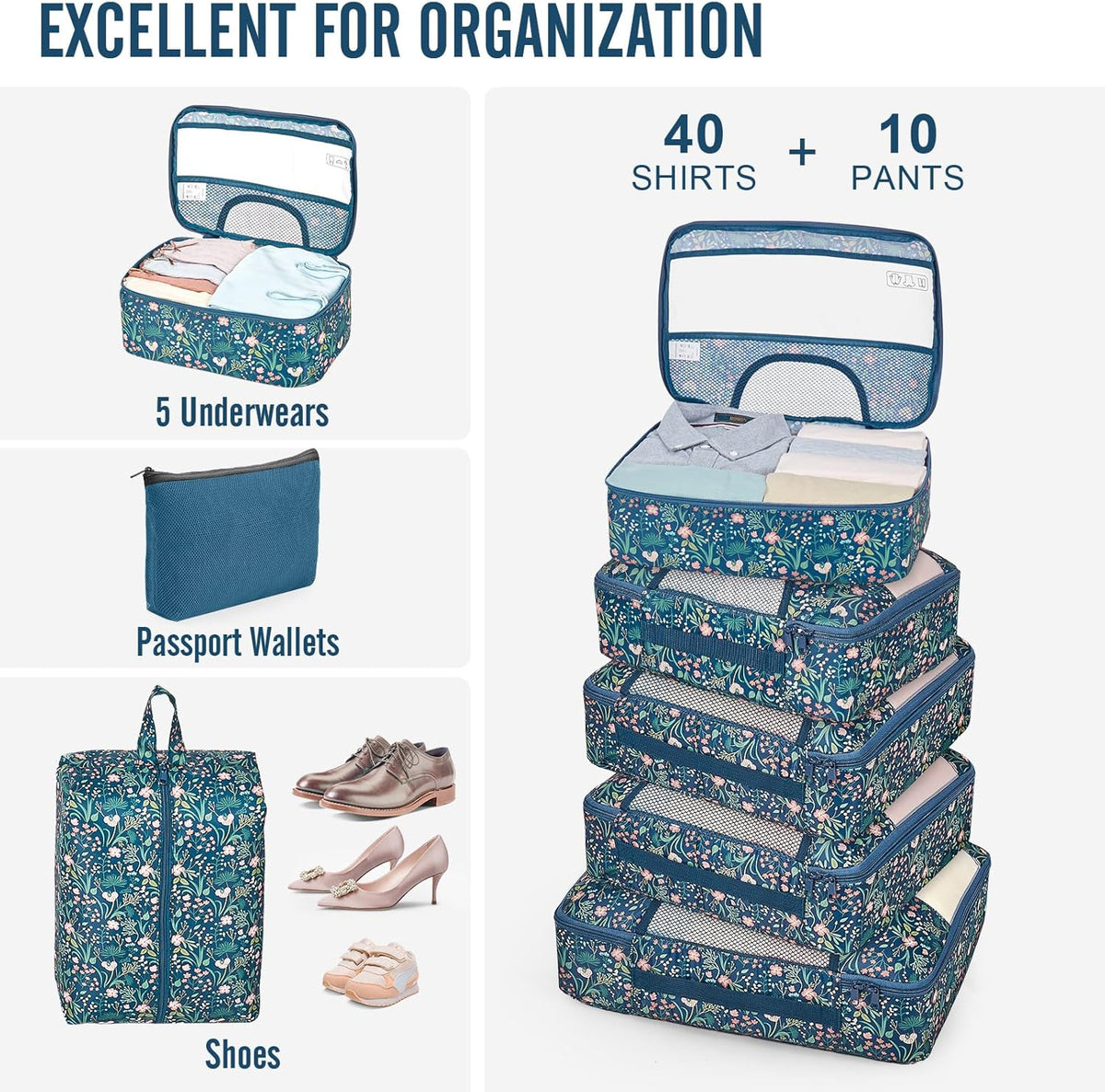 10 Set Packing Cubes for Travel Essentials,Anti-Wrinkle Buckled Suitcase Organizer for Shoe & Toiletry Bag,Carry On Luggage Bag with 99+ Count Mesh Holes for Airplane & College Dorm Accessories