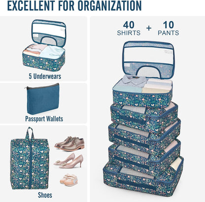 10 Set Packing Cubes for Travel Essentials,Anti-Wrinkle Buckled Suitcase Organizer for Shoe & Toiletry Bag,Carry On Luggage Bag with 99+ Count Mesh Holes for Airplane & College Dorm Accessories