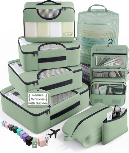 10 Set Packing Cubes for Travel Essentials,Anti-Wrinkle Buckled Suitcase Organizer for Shoe & Toiletry Bag,Carry On Luggage Bag with 99+ Count Mesh Holes for Airplane & College Dorm Accessories