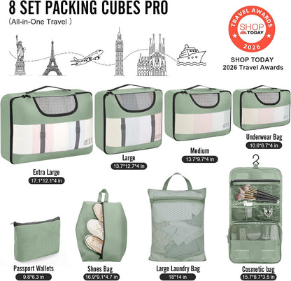 10 Set Packing Cubes for Travel Essentials,Anti-Wrinkle Buckled Suitcase Organizer for Shoe & Toiletry Bag,Carry On Luggage Bag with 99+ Count Mesh Holes for Airplane & College Dorm Accessories