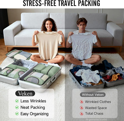 10 Set Packing Cubes for Travel Essentials,Anti-Wrinkle Buckled Suitcase Organizer for Shoe & Toiletry Bag,Carry On Luggage Bag with 99+ Count Mesh Holes for Airplane & College Dorm Accessories