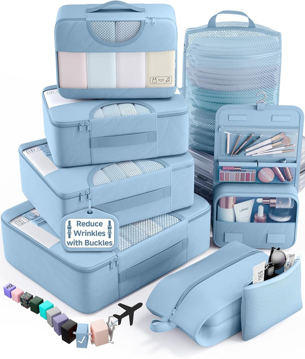 10 Set Packing Cubes for Travel Essentials,Anti-Wrinkle Buckled Suitcase Organizer for Shoe & Toiletry Bag,Carry On Luggage Bag with 99+ Count Mesh Holes for Airplane & College Dorm Accessories