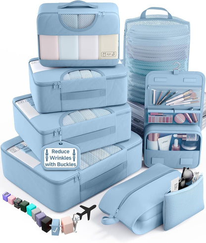 10 Set Packing Cubes for Travel Essentials,Anti-Wrinkle Buckled Suitcase Organizer for Shoe & Toiletry Bag,Carry On Luggage Bag with 99+ Count Mesh Holes for Airplane & College Dorm Accessories