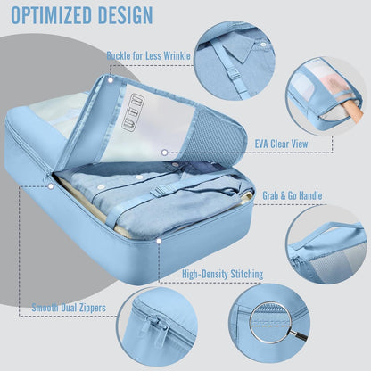 10 Set Packing Cubes for Travel Essentials,Anti-Wrinkle Buckled Suitcase Organizer for Shoe & Toiletry Bag,Carry On Luggage Bag with 99+ Count Mesh Holes for Airplane & College Dorm Accessories
