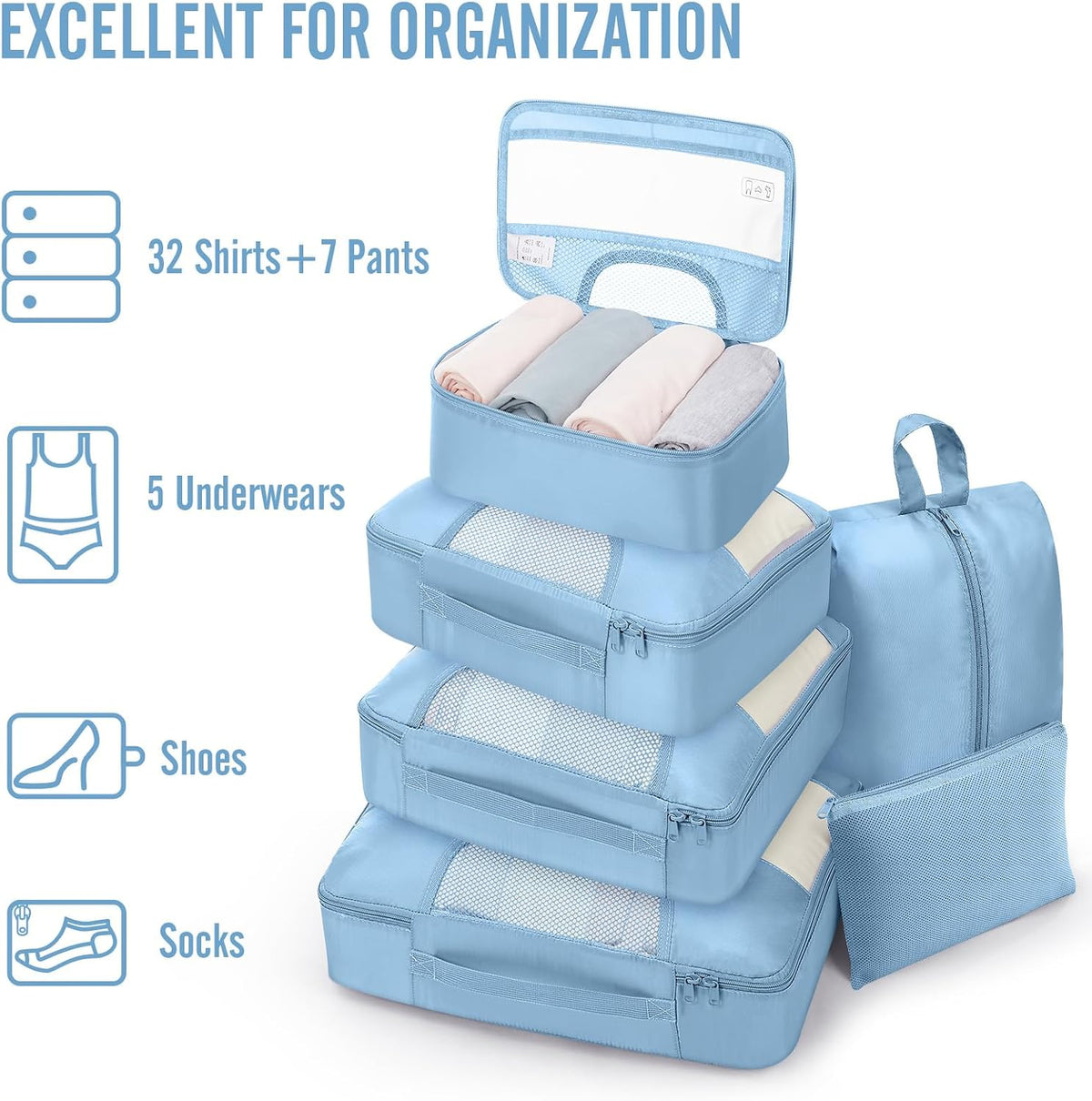 10 Set Packing Cubes for Travel Essentials,Anti-Wrinkle Buckled Suitcase Organizer for Shoe & Toiletry Bag,Carry On Luggage Bag with 99+ Count Mesh Holes for Airplane & College Dorm Accessories