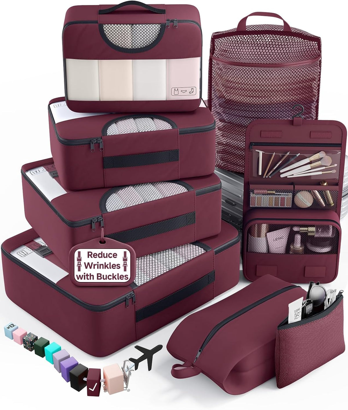 10 Set Packing Cubes for Travel Essentials,Anti-Wrinkle Buckled Suitcase Organizer for Shoe & Toiletry Bag,Carry On Luggage Bag with 99+ Count Mesh Holes for Airplane & College Dorm Accessories
