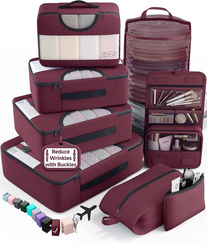 10 Set Packing Cubes for Travel Essentials,Anti-Wrinkle Buckled Suitcase Organizer for Shoe & Toiletry Bag,Carry On Luggage Bag with 99+ Count Mesh Holes for Airplane & College Dorm Accessories