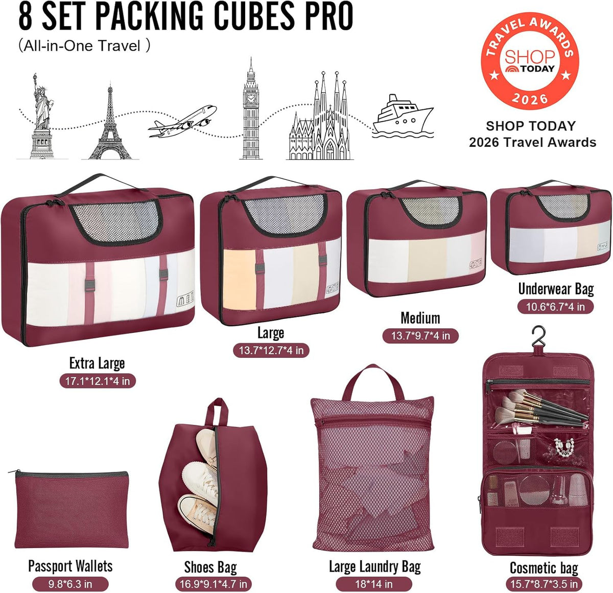 10 Set Packing Cubes for Travel Essentials,Anti-Wrinkle Buckled Suitcase Organizer for Shoe & Toiletry Bag,Carry On Luggage Bag with 99+ Count Mesh Holes for Airplane & College Dorm Accessories