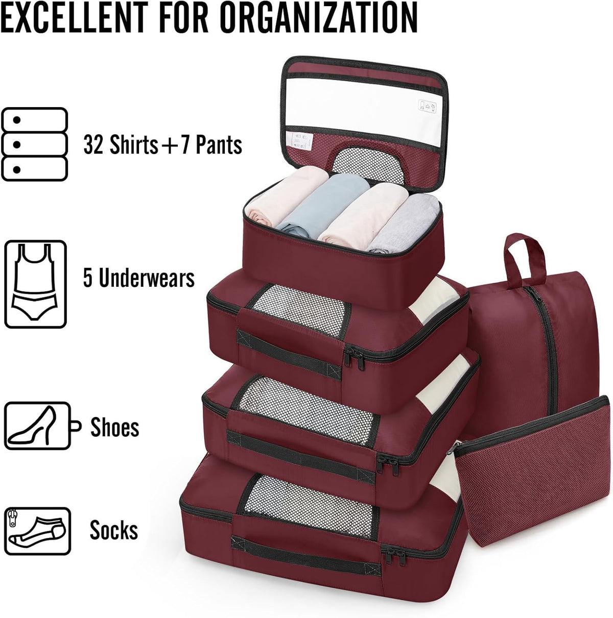 10 Set Packing Cubes for Travel Essentials,Anti-Wrinkle Buckled Suitcase Organizer for Shoe & Toiletry Bag,Carry On Luggage Bag with 99+ Count Mesh Holes for Airplane & College Dorm Accessories