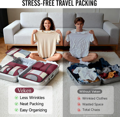 10 Set Packing Cubes for Travel Essentials,Anti-Wrinkle Buckled Suitcase Organizer for Shoe & Toiletry Bag,Carry On Luggage Bag with 99+ Count Mesh Holes for Airplane & College Dorm Accessories