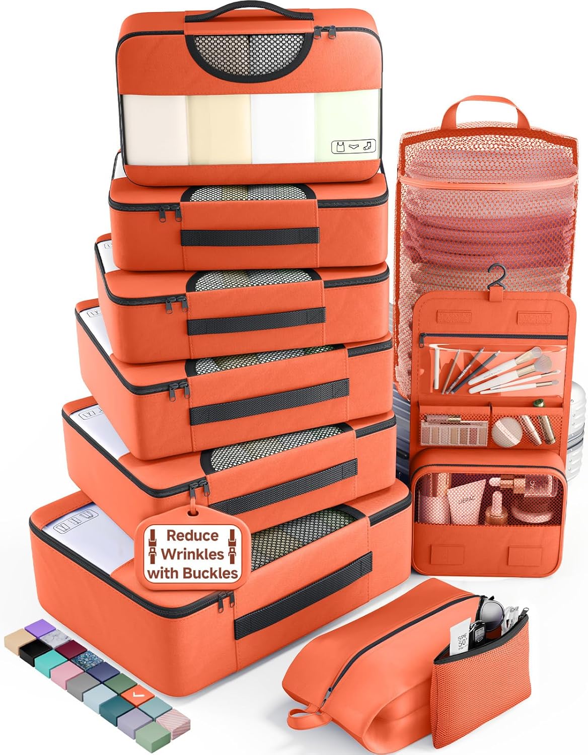 10 Set Packing Cubes for Travel Essentials,Anti-Wrinkle Buckled Suitcase Organizer for Shoe & Toiletry Bag,Carry On Luggage Bag with 99+ Count Mesh Holes for Airplane & College Dorm Accessories