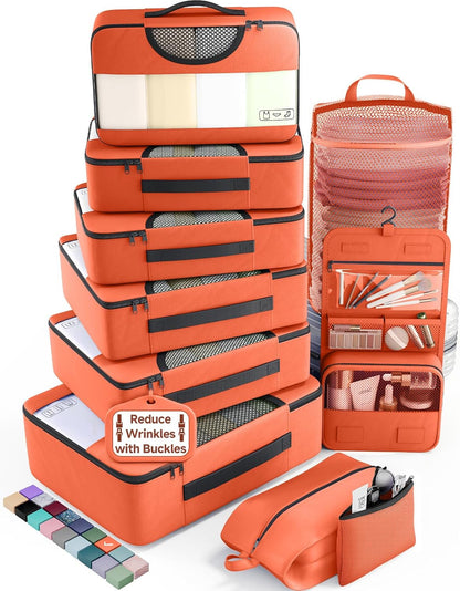 10 Set Packing Cubes for Travel Essentials,Anti-Wrinkle Buckled Suitcase Organizer for Shoe & Toiletry Bag,Carry On Luggage Bag with 99+ Count Mesh Holes for Airplane & College Dorm Accessories