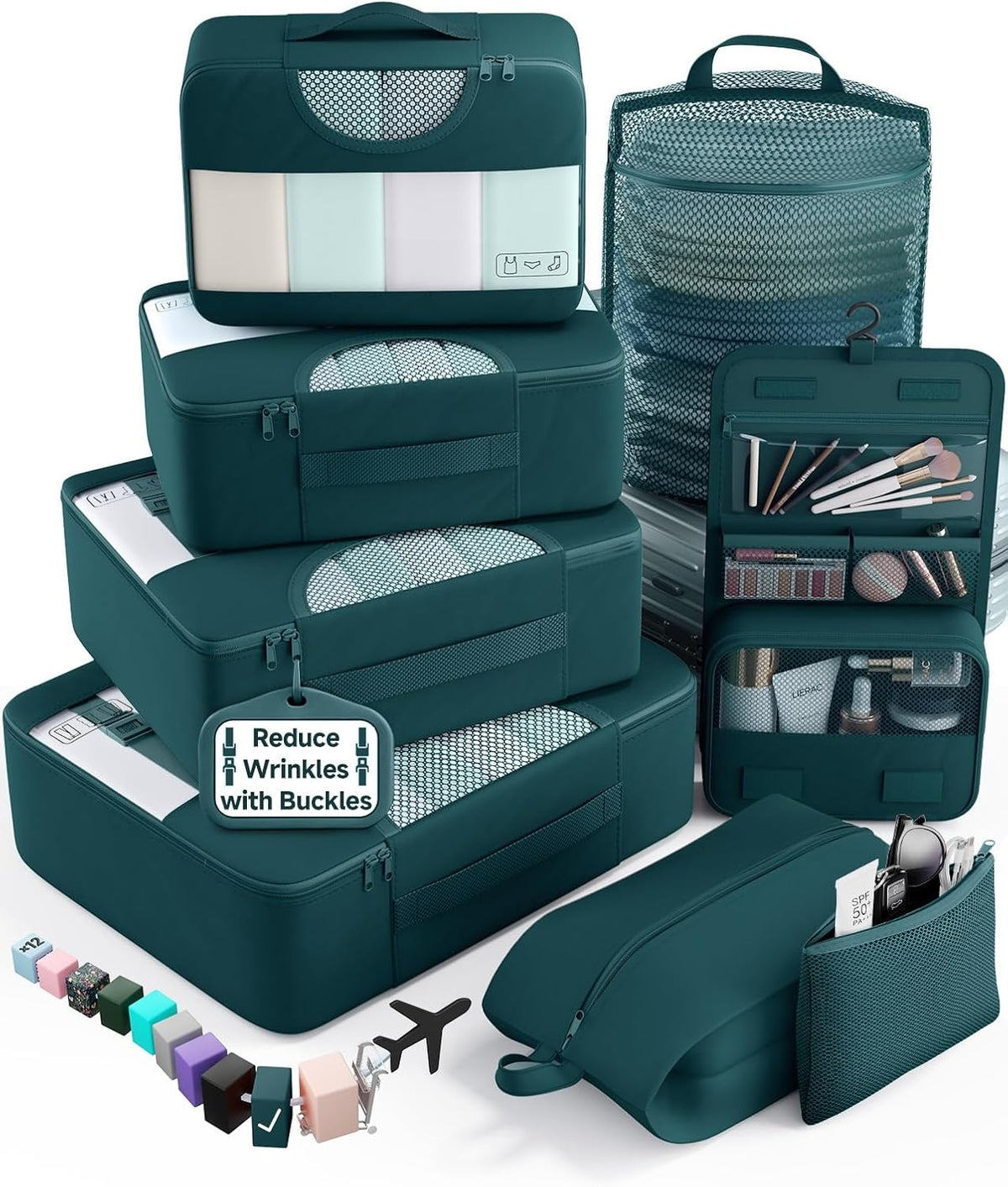 10 Set Packing Cubes for Travel Essentials,Anti-Wrinkle Buckled Suitcase Organizer for Shoe & Toiletry Bag,Carry On Luggage Bag with 99+ Count Mesh Holes for Airplane & College Dorm Accessories