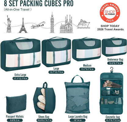 10 Set Packing Cubes for Travel Essentials,Anti-Wrinkle Buckled Suitcase Organizer for Shoe & Toiletry Bag,Carry On Luggage Bag with 99+ Count Mesh Holes for Airplane & College Dorm Accessories