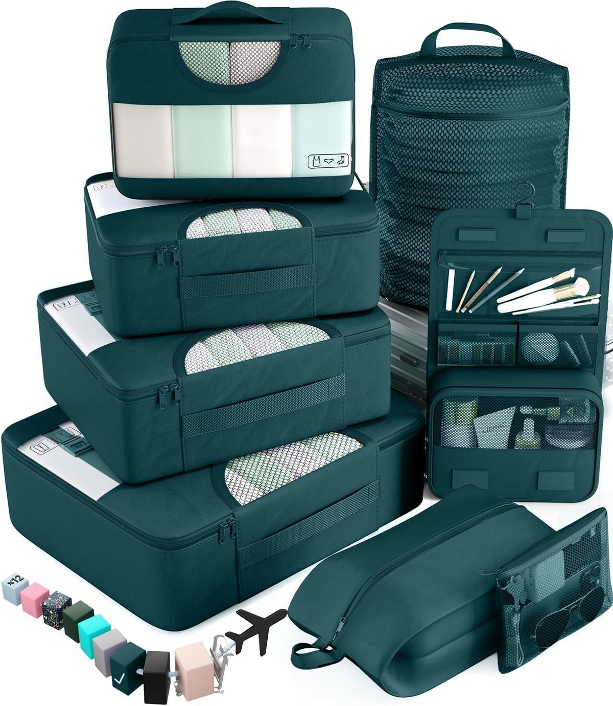 10 Set Packing Cubes for Travel Essentials,Anti-Wrinkle Buckled Suitcase Organizer for Shoe & Toiletry Bag,Carry On Luggage Bag with 99+ Count Mesh Holes for Airplane & College Dorm Accessories